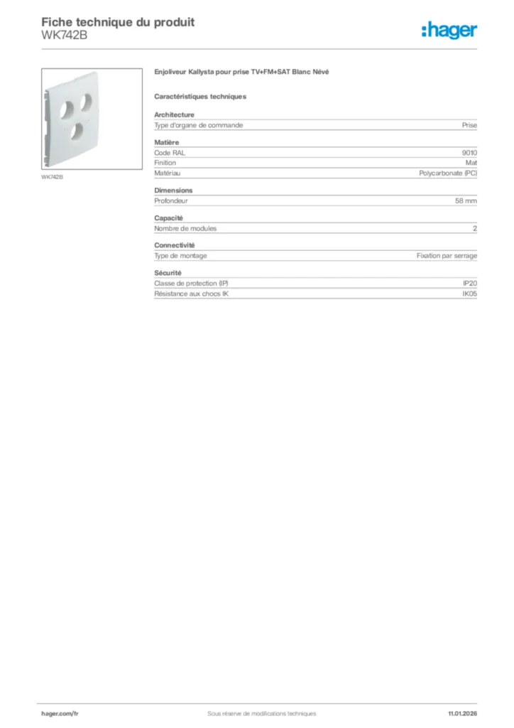Image Hager Fiche technique du produit WK742B | Hager France