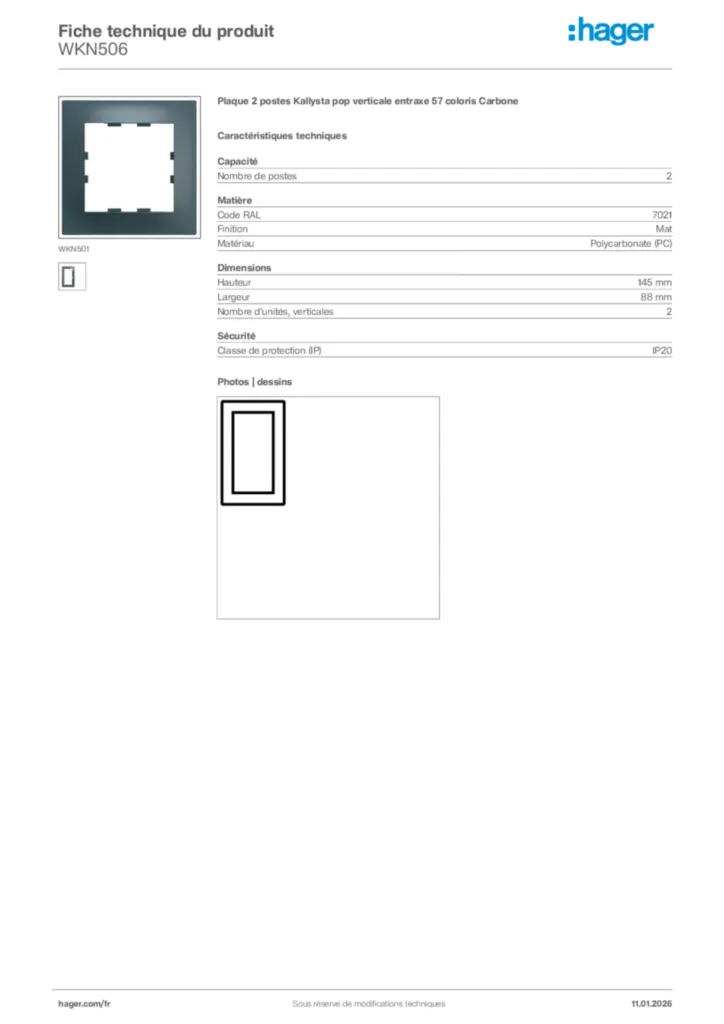 Image Hager Fiche technique du produit WKN506 | Hager France