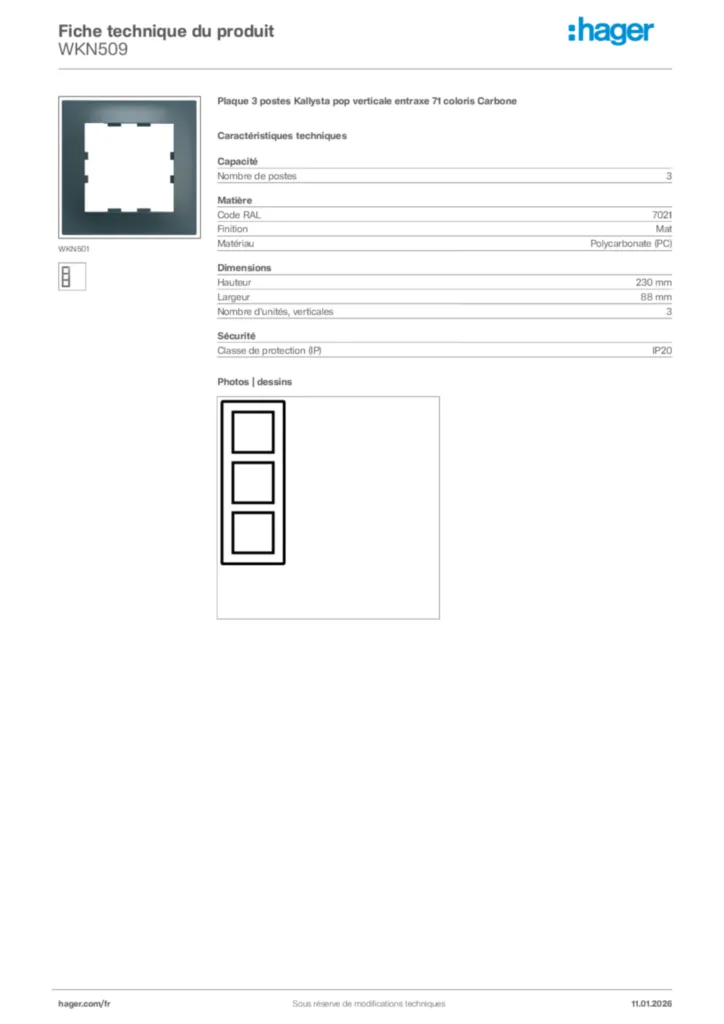Image Hager Fiche technique du produit WKN509 | Hager France