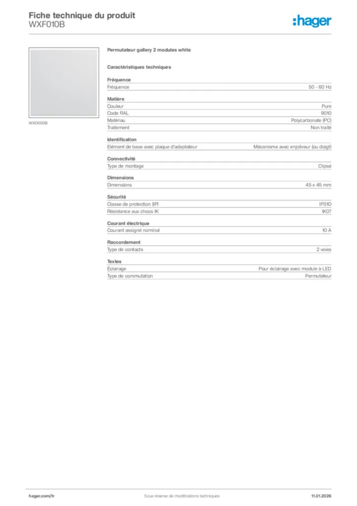 Image Hager Fiche technique du produit WXF010B | Hager France