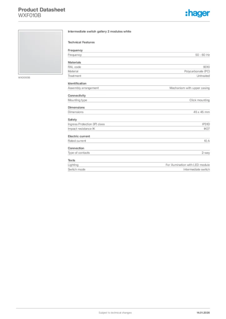 Image Hager Product data sheet WXF010B  | Hager