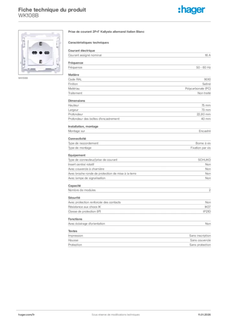 Image Hager Fiche technique du produit WK108B | Hager France