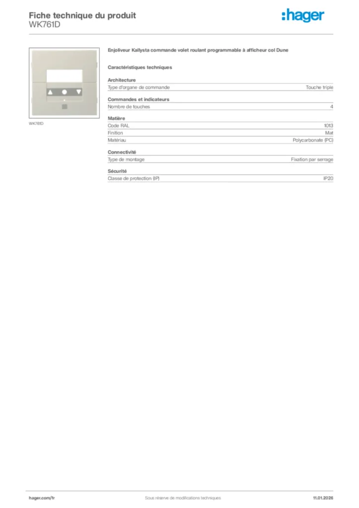 Image Hager Fiche technique du produit WK761D | Hager France