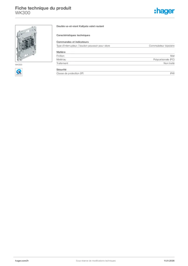 Image Hager Fiche technique du produit WK300 | Hager France