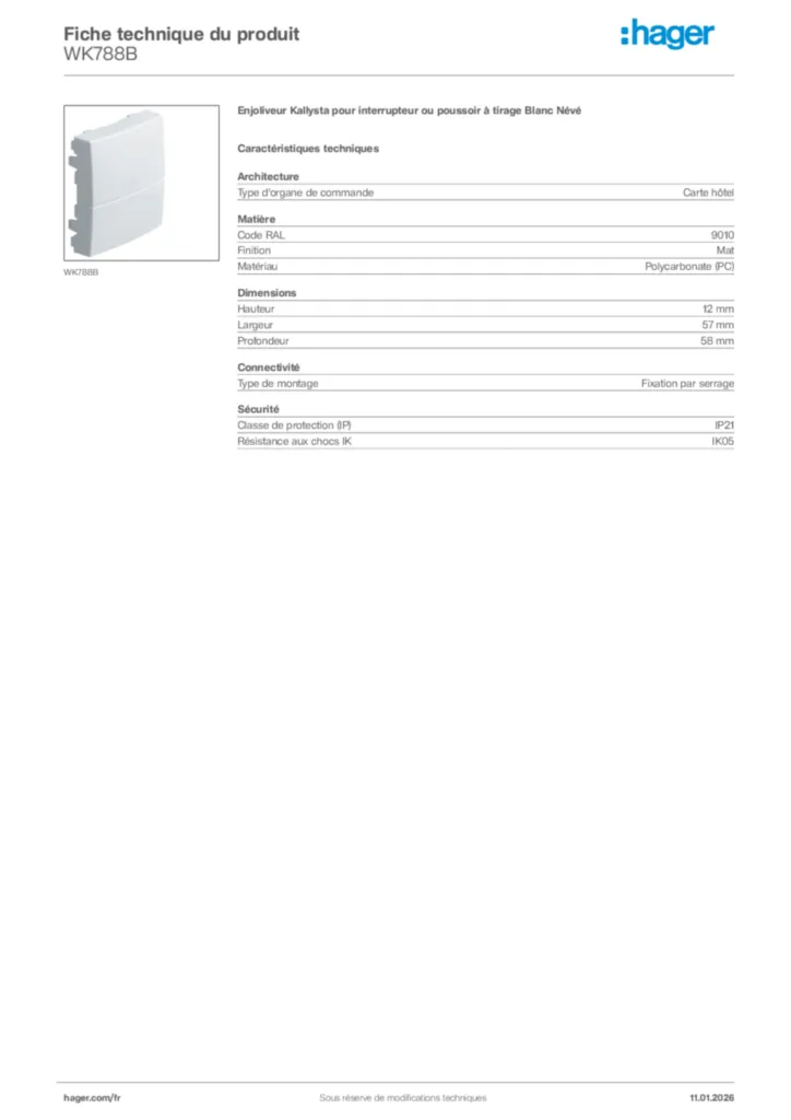 Image Hager Fiche technique du produit WK788B | Hager France
