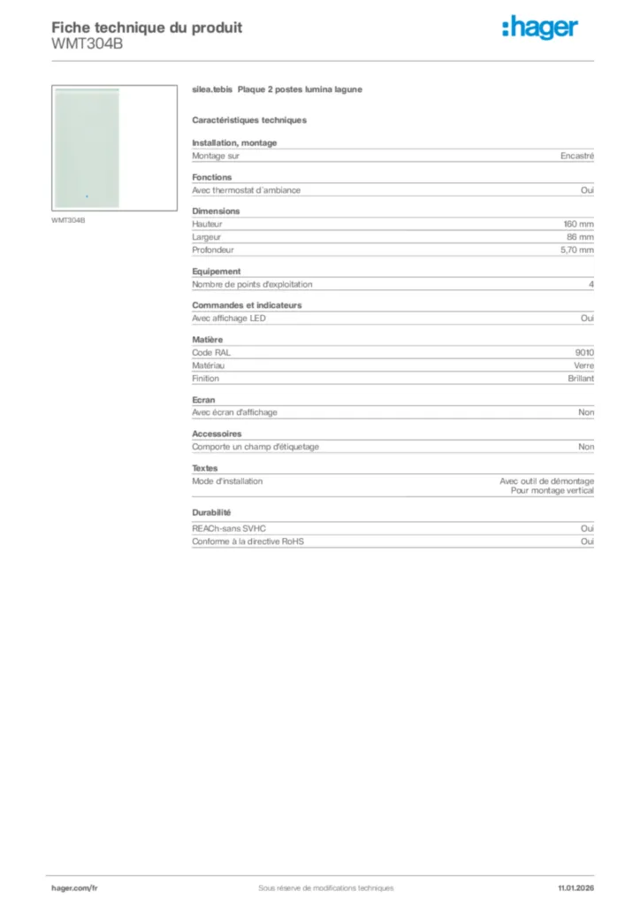 Image Hager Fiche technique du produit WMT304B | Hager France