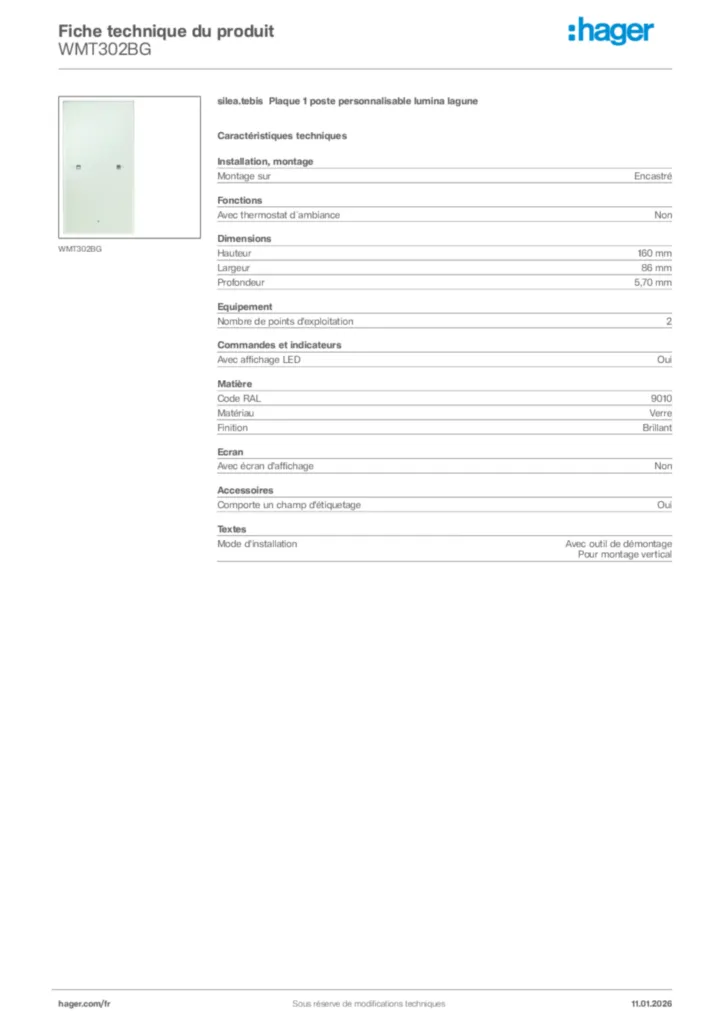 Image Hager Fiche technique du produit WMT302BG | Hager France