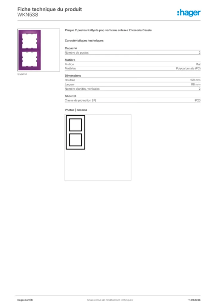Image Hager Fiche technique du produit WKN538 | Hager France