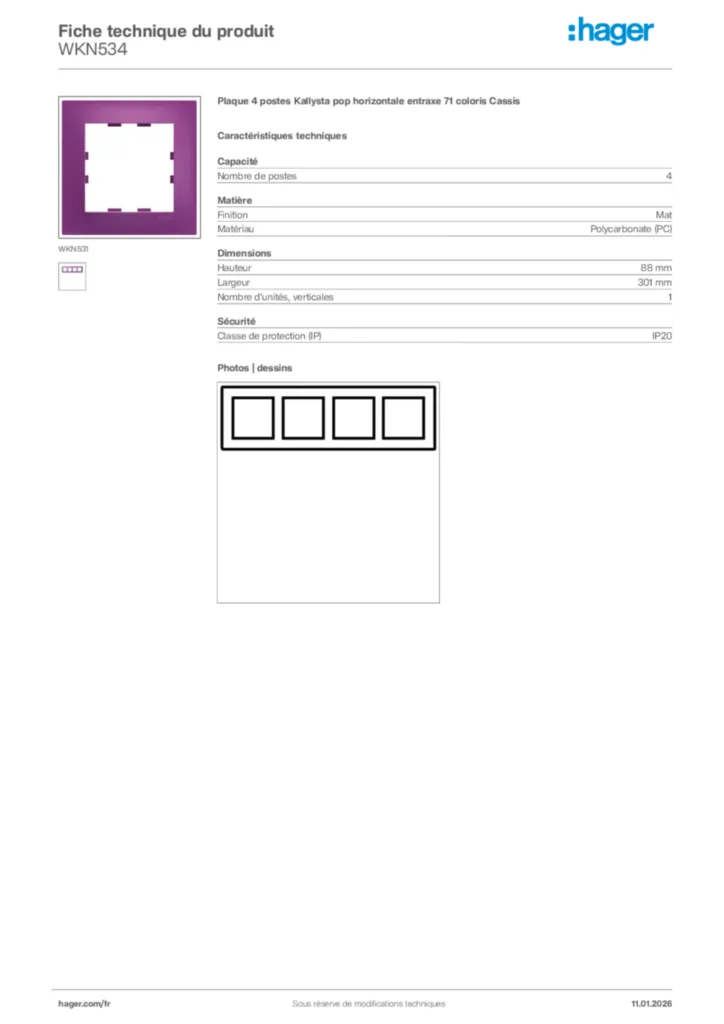 Image Hager Fiche technique du produit WKN534 | Hager France