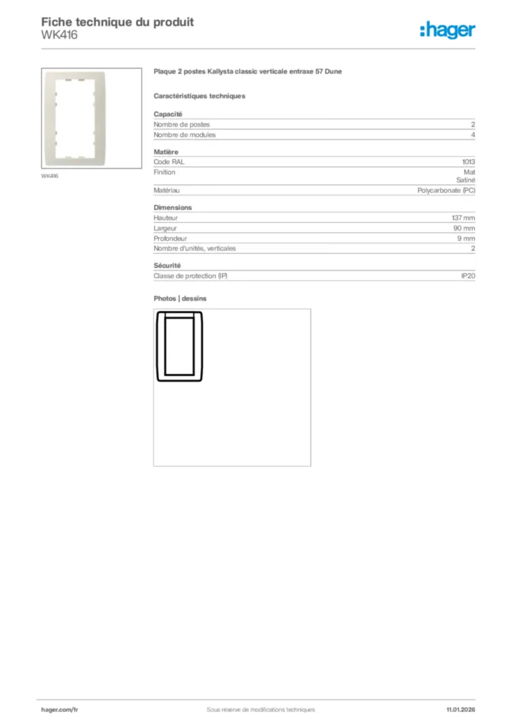 Image Hager Fiche technique du produit WK416 | Hager France