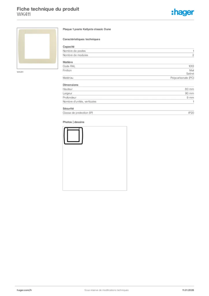 Image Hager Fiche technique du produit WK411 | Hager France