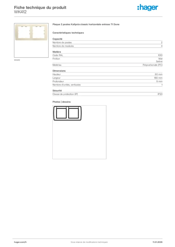 Image Hager Fiche technique du produit WK412 | Hager France