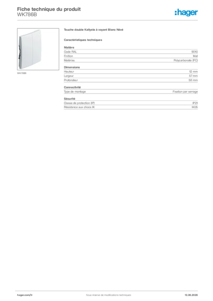 Image Hager Fiche technique du produit WK786B | Hager France