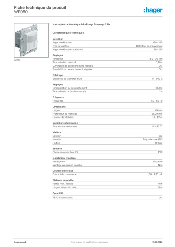 Image Hager Fiche technique du produit WE050 | Hager France