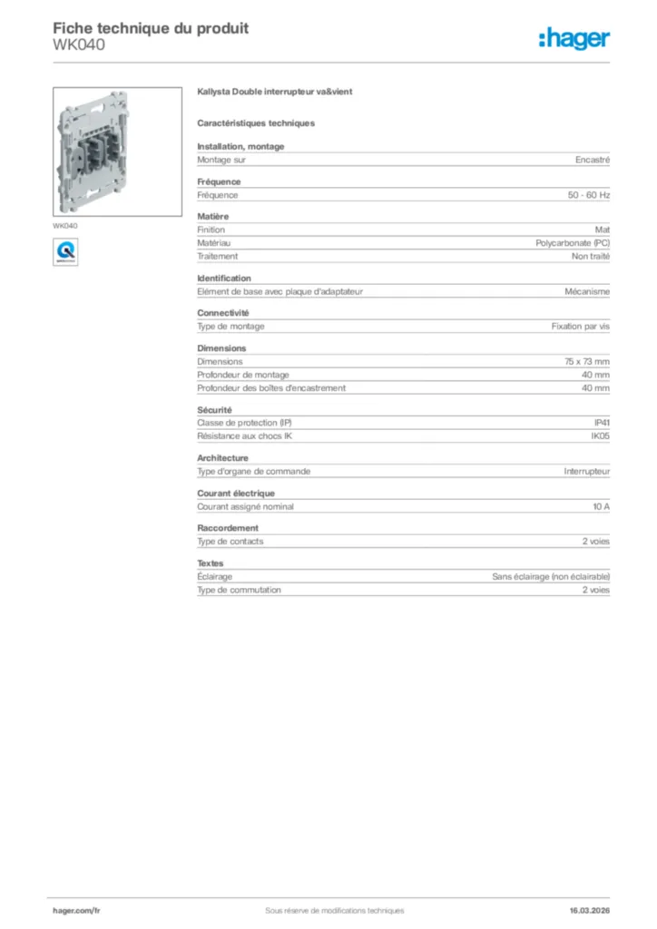 Image Hager Fiche technique du produit WK040 | Hager France