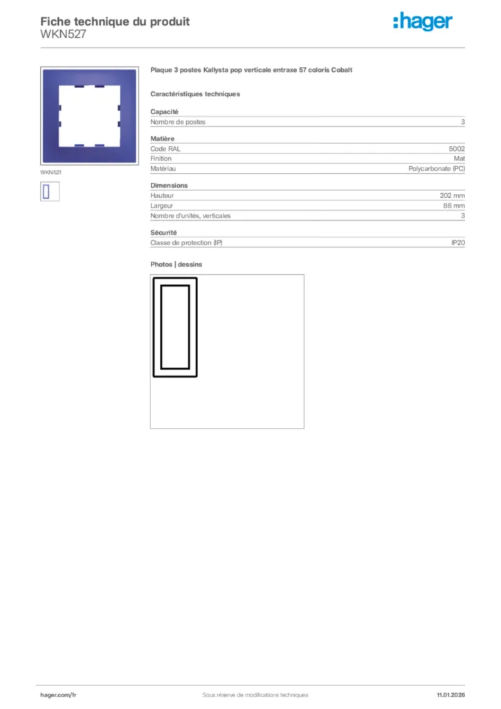 Image Hager Fiche technique du produit WKN527 | Hager France