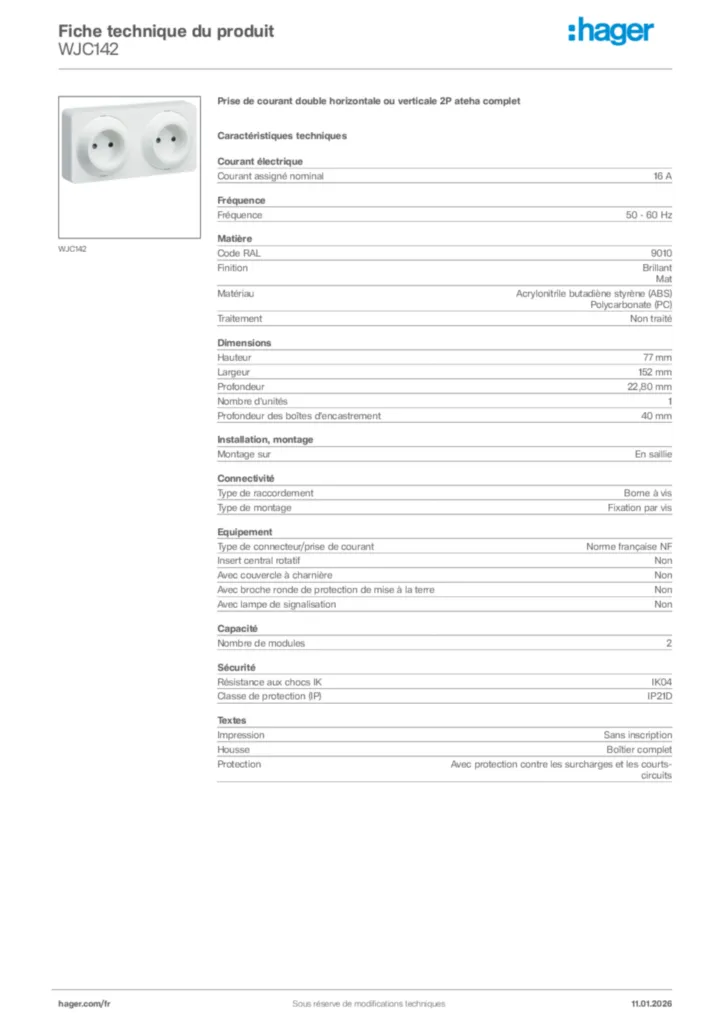 Image Hager Fiche technique du produit WJC142 | Hager France