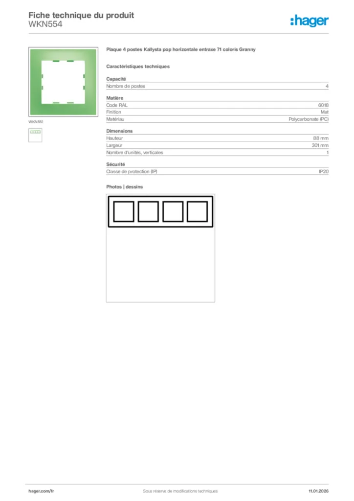 Image Hager Fiche technique du produit WKN554 | Hager France
