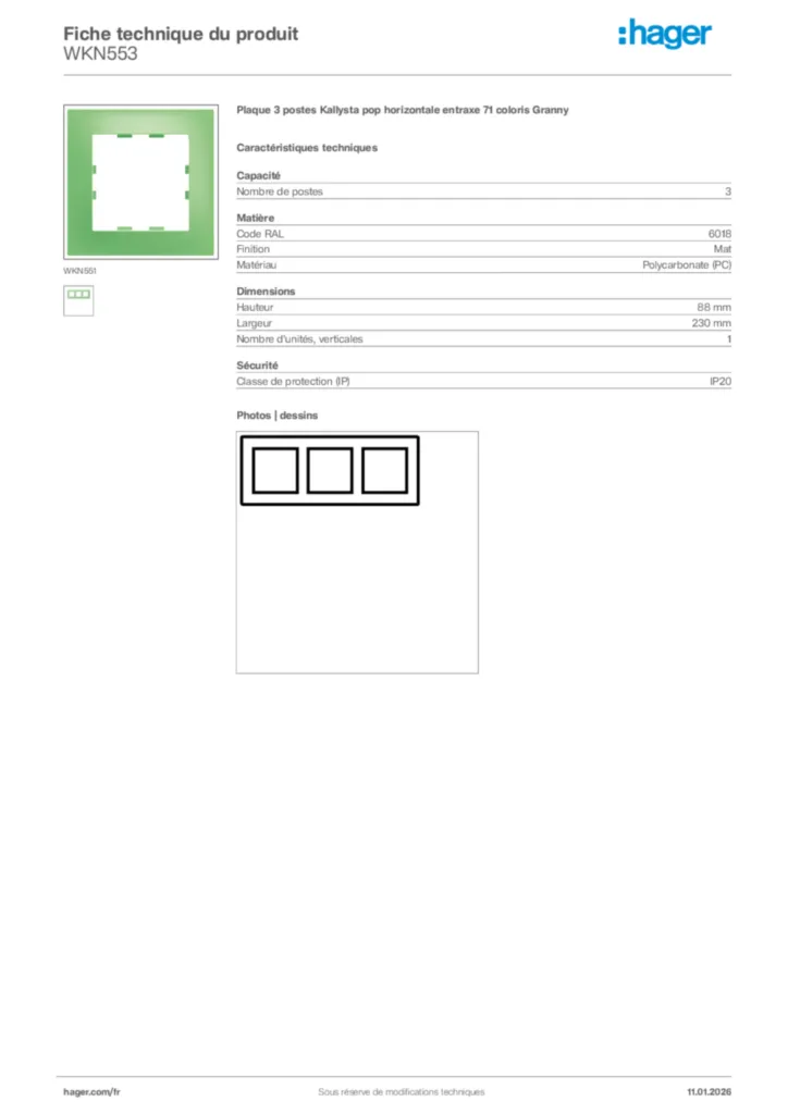 Image Hager Fiche technique du produit WKN553 | Hager France