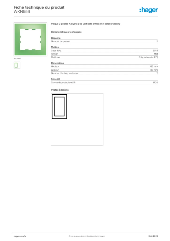 Image Hager Fiche technique du produit WKN556 | Hager France