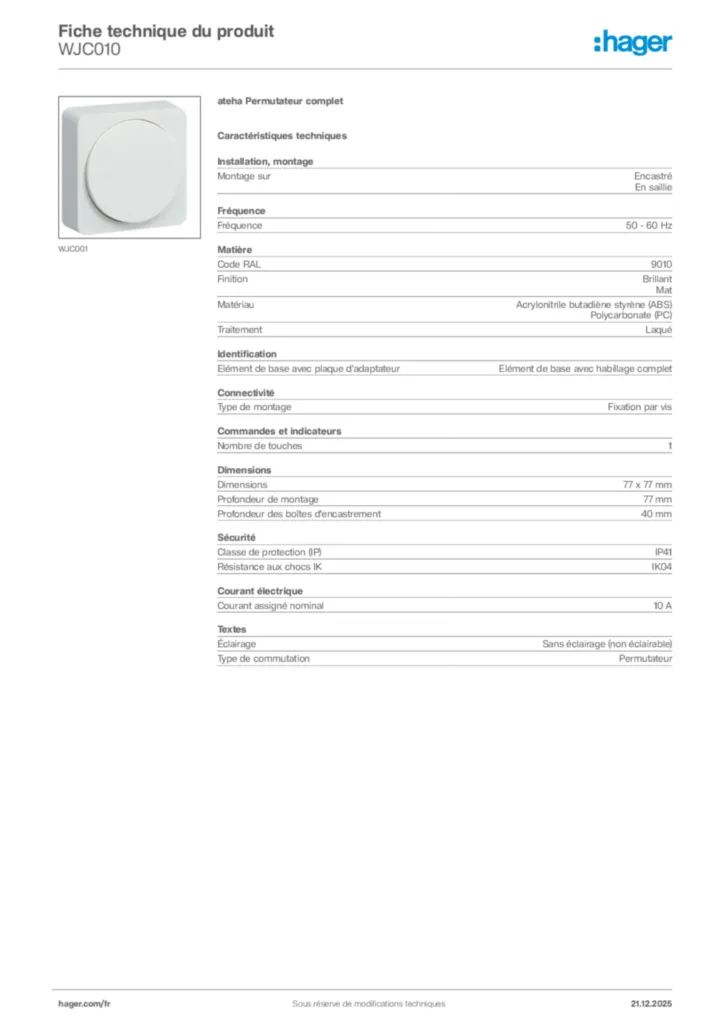 Image Hager Fiche technique du produit WJC010 | Hager France