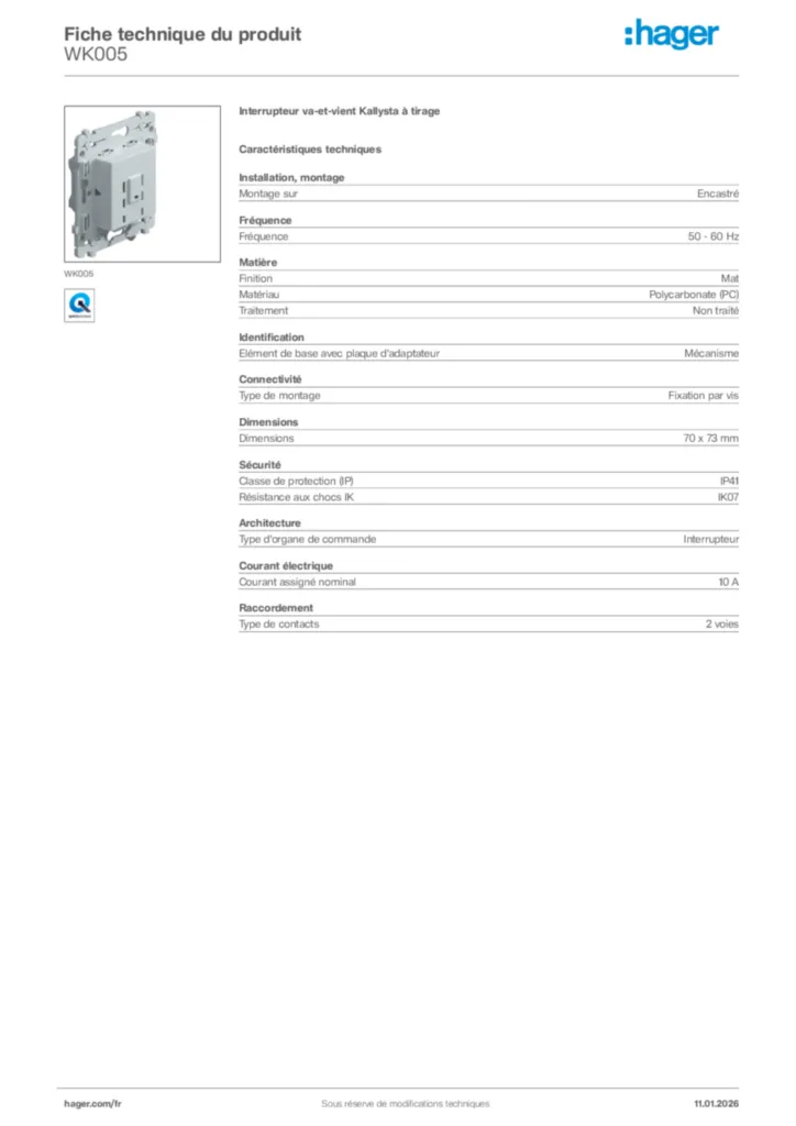 Image Hager Fiche technique du produit WK005 | Hager France