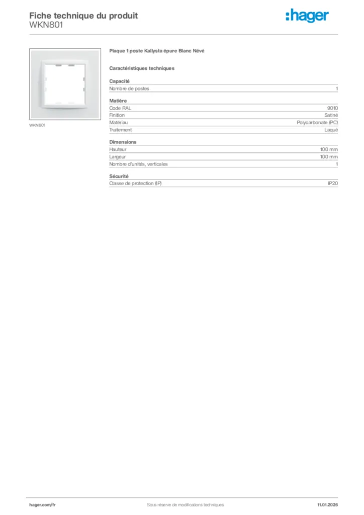 Image Hager Fiche technique du produit WKN801 | Hager France