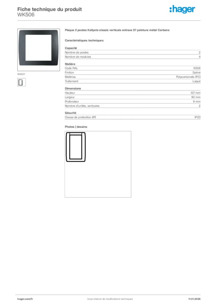 Image Hager Fiche technique du produit WK506 | Hager France