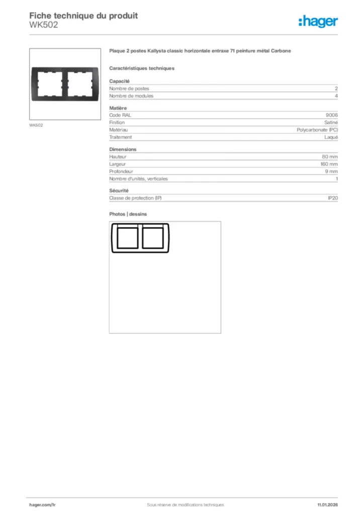 Image Hager Fiche technique du produit WK502 | Hager France