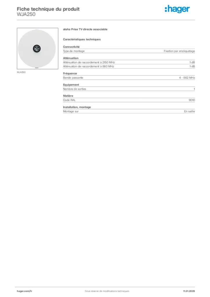 Image Hager Fiche technique du produit WJA250 | Hager France