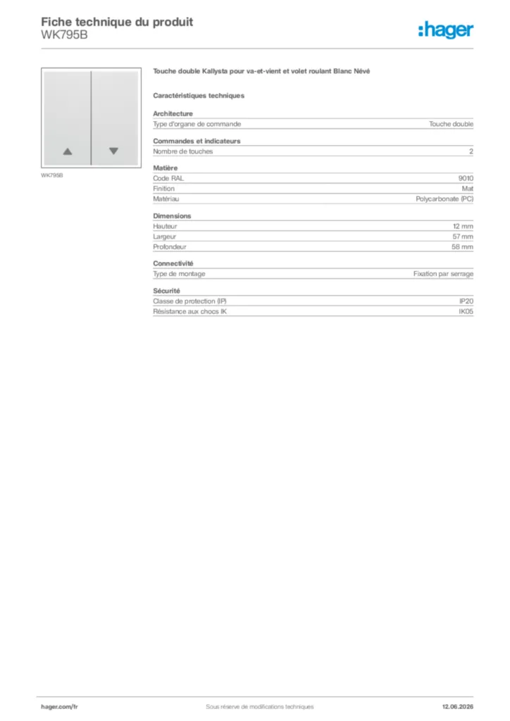 Image Hager Fiche technique du produit WK795B | Hager France