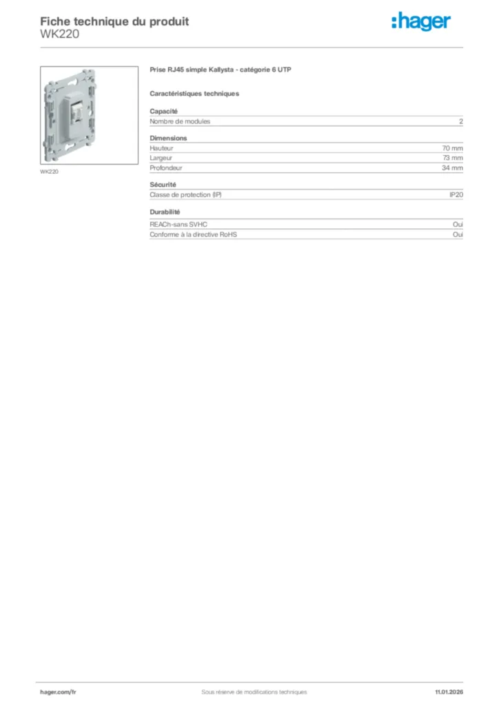 Image Hager Fiche technique du produit WK220 | Hager France