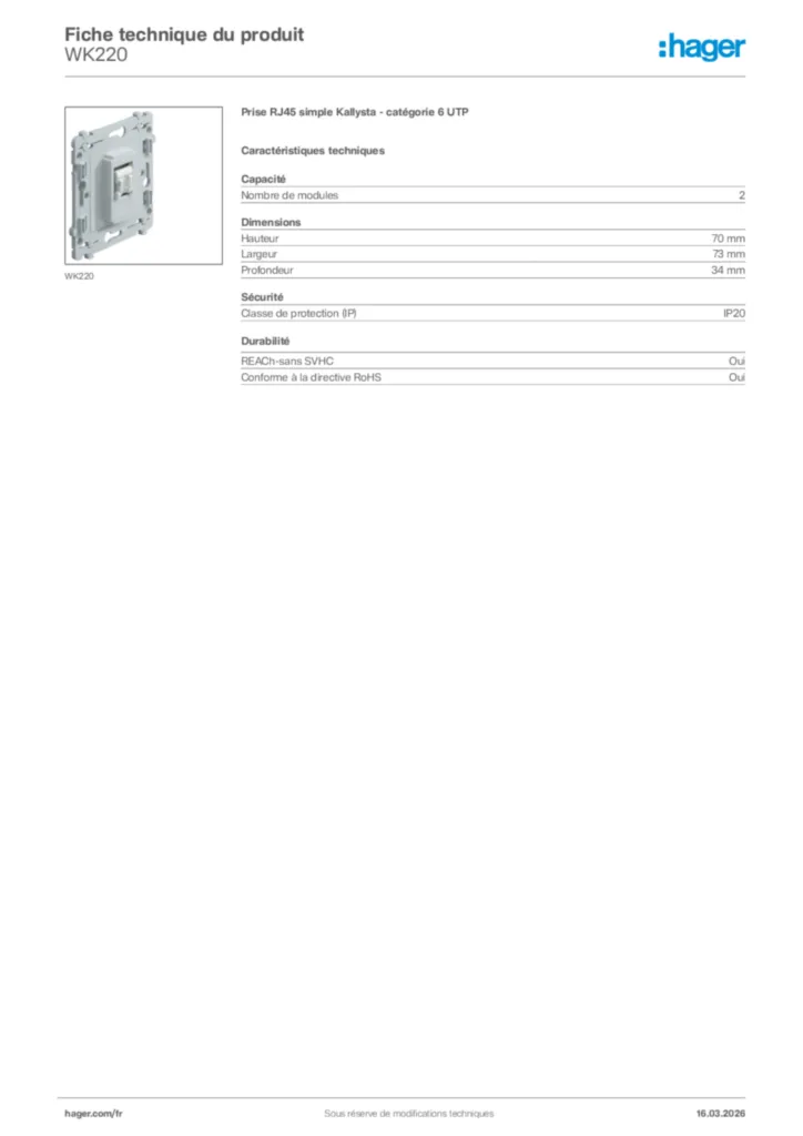 Image Hager Fiche technique du produit WK220 | Hager France
