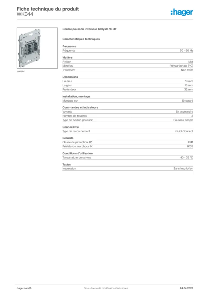 Image Hager Fiche technique du produit WK044 | Hager France