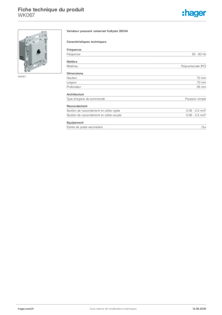 Image Hager Fiche technique du produit WK067 | Hager France