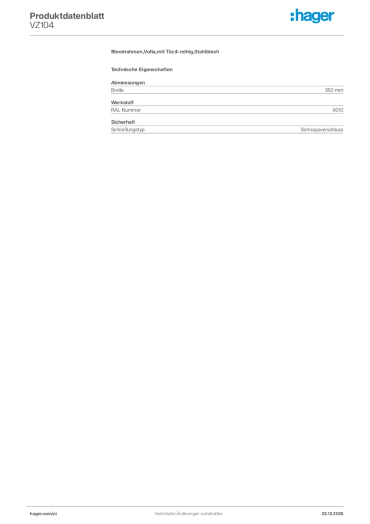 Bild Hager Produktdatenblatt VZ104 | Hager Deutschland