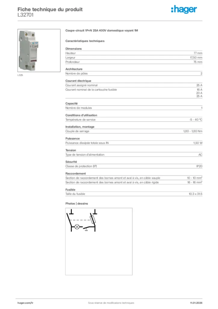 Image Hager Fiche technique du produit L32701 | Hager France