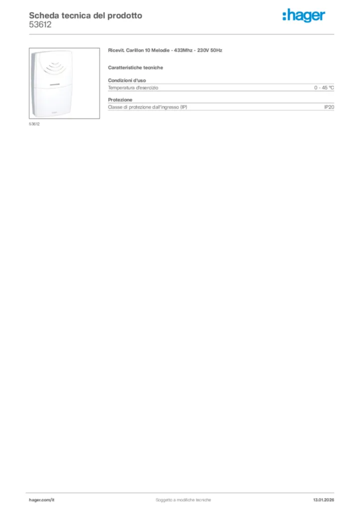 Immagine Hager Scheda tecnica del prodotto 53612 | Hager Italia