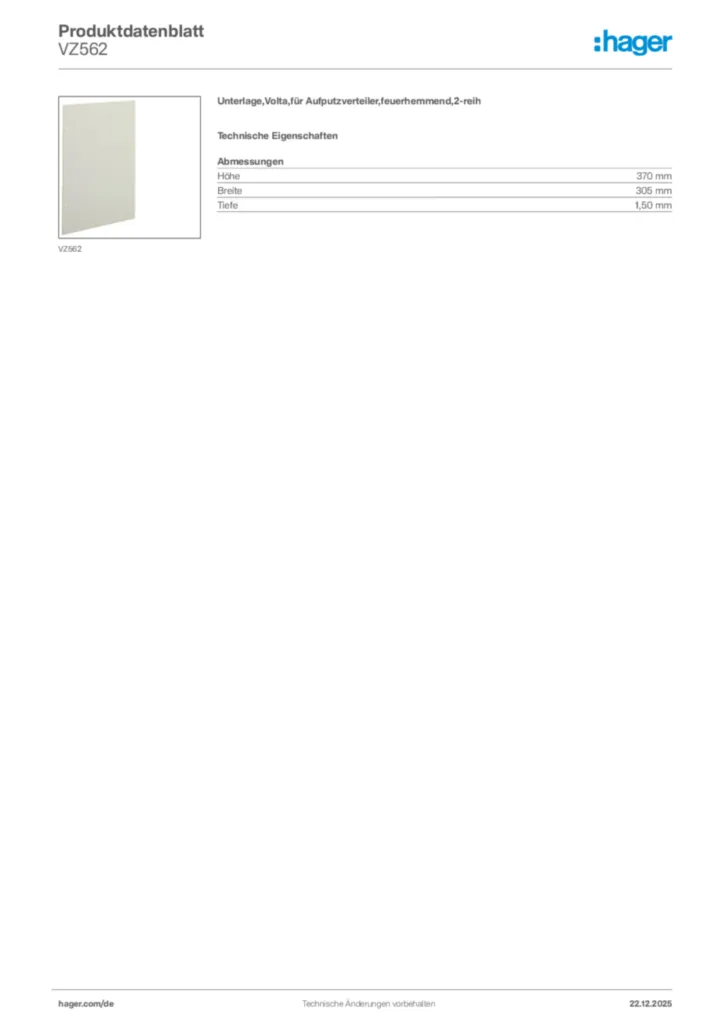 Bild Hager Produktdatenblatt VZ562 | Hager Deutschland