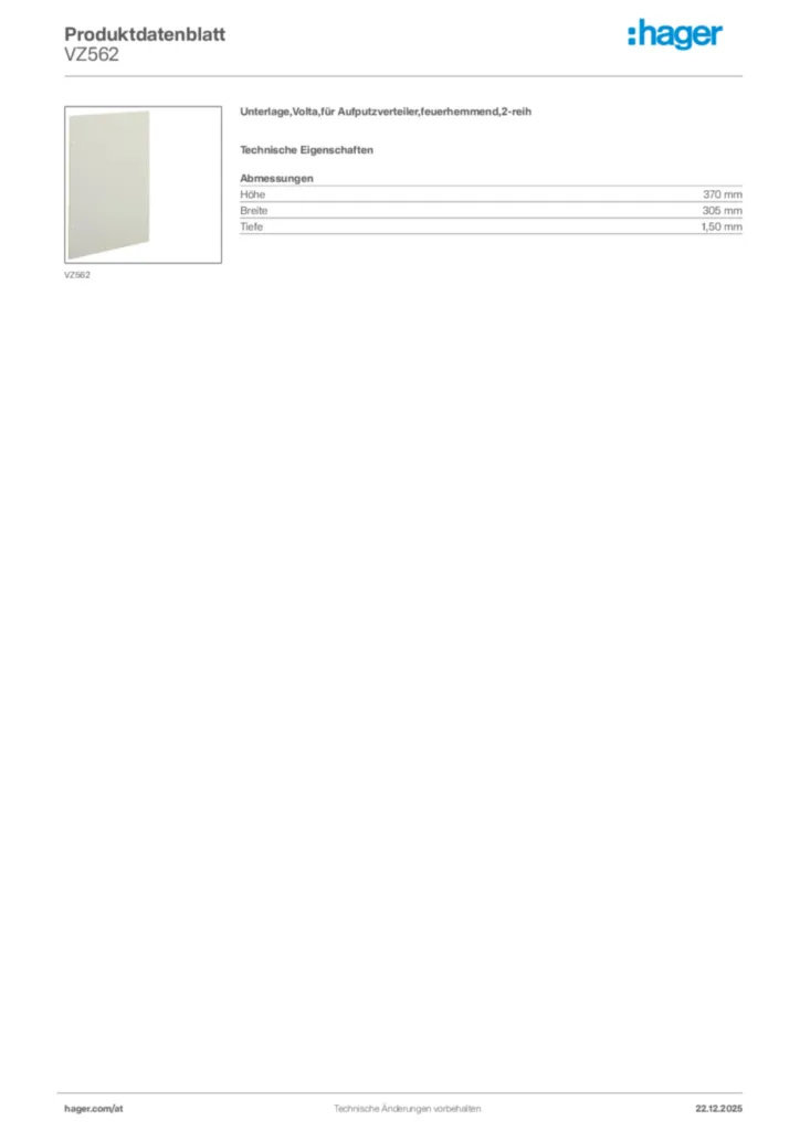 Bild Hager Produktdatenblatt VZ562 | Hager Deutschland
