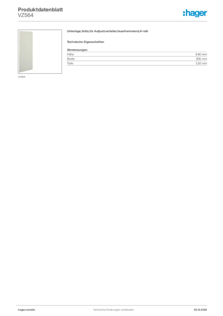 Bild Hager Produktdatenblatt VZ564 | Hager Deutschland