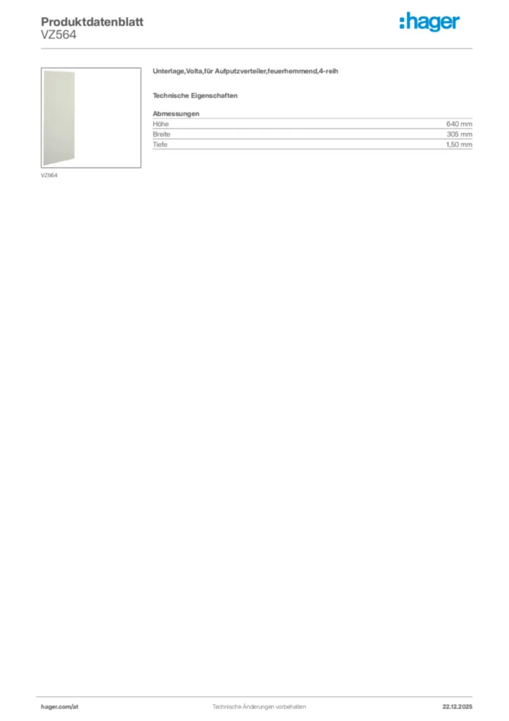 Bild Hager Produktdatenblatt VZ564 | Hager Deutschland