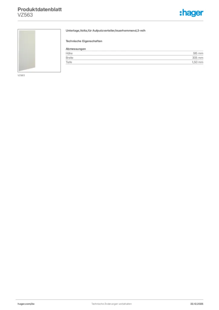 Bild Hager Produktdatenblatt VZ563 | Hager Deutschland