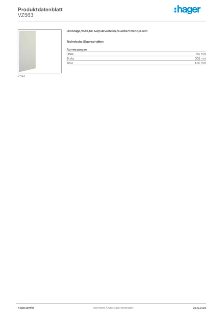 Bild Hager Produktdatenblatt VZ563 | Hager Deutschland