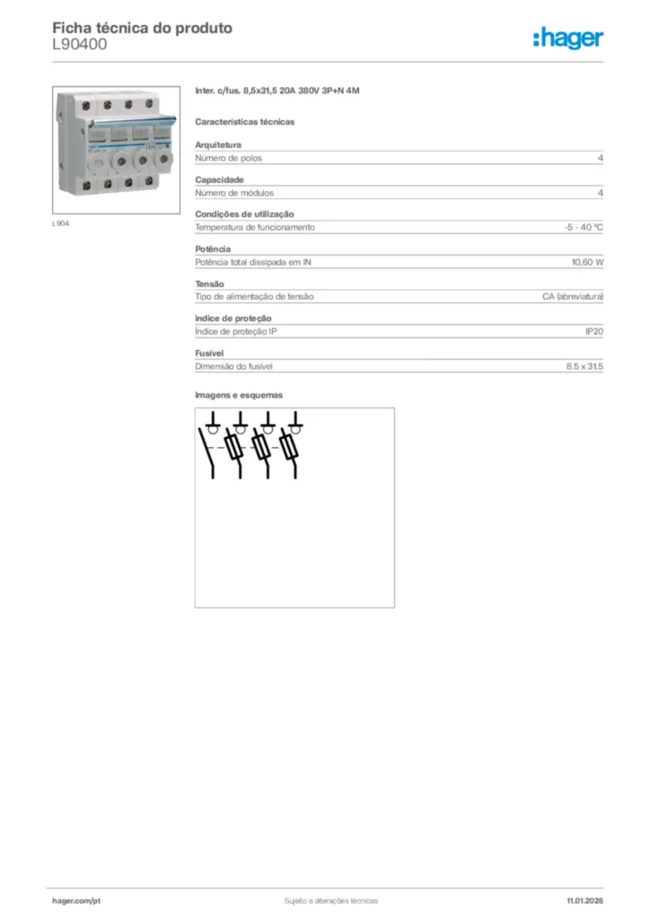 Imagem Hager Ficha técnica do produto L90400 | Hager Portugal