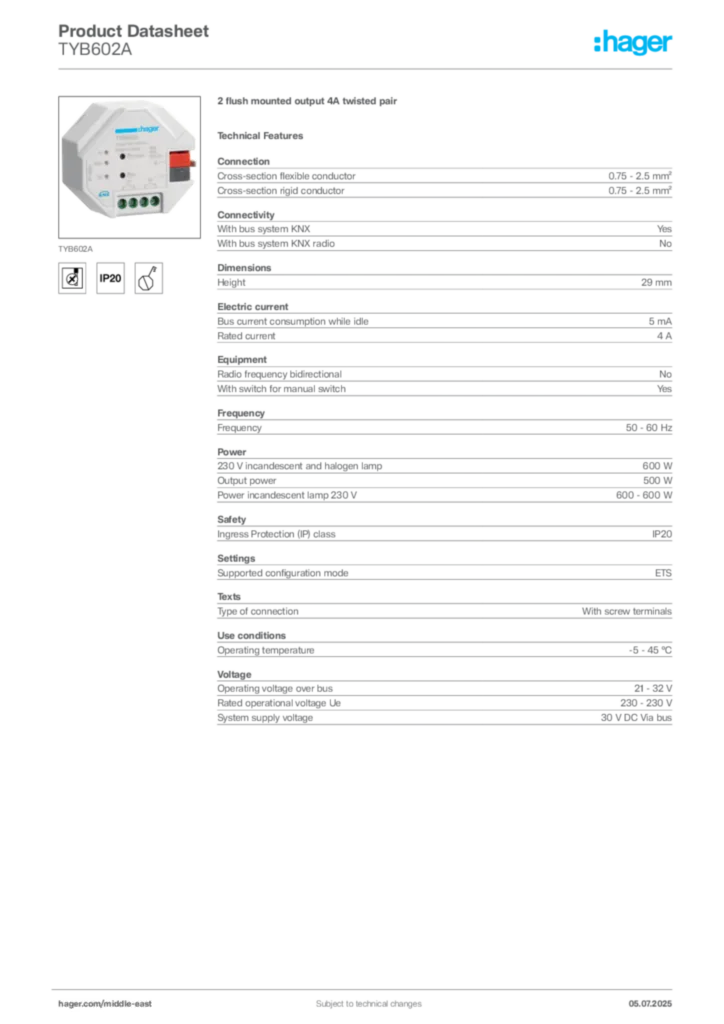 Image Hager Product data sheet TYB602A  | Hager