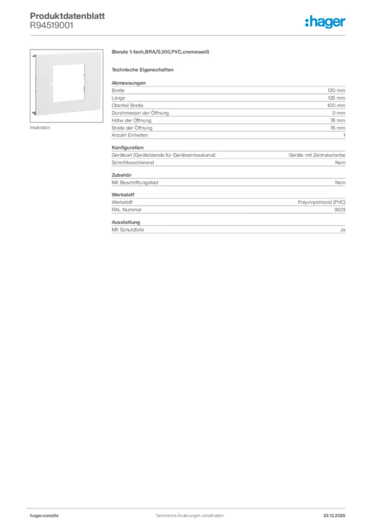 Bild Hager Produktdatenblatt R94519001 | Hager Deutschland