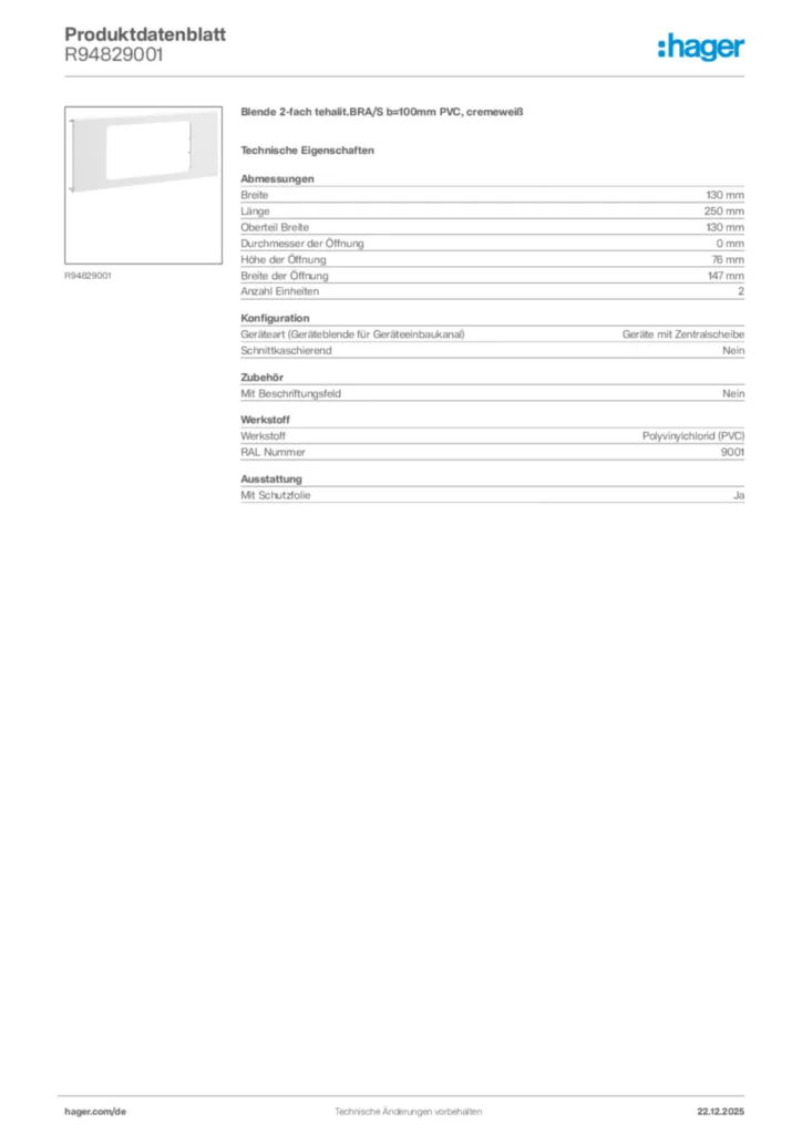 Bild Hager Produktdatenblatt R94829001 | Hager Deutschland
