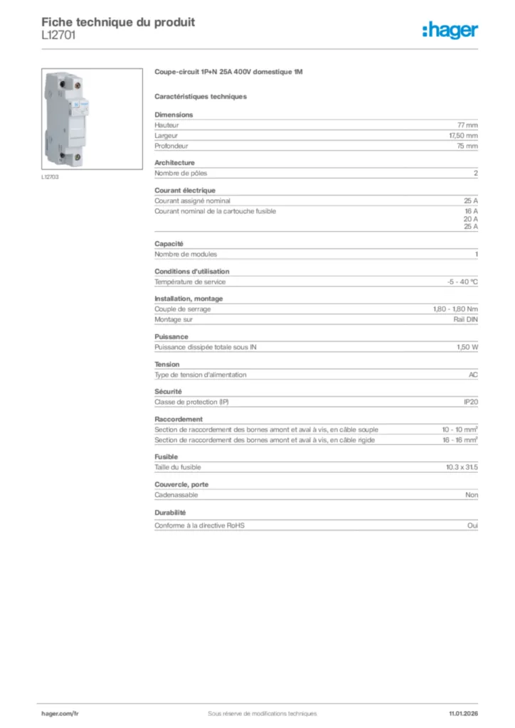 Image Hager Fiche technique du produit L12701 | Hager France