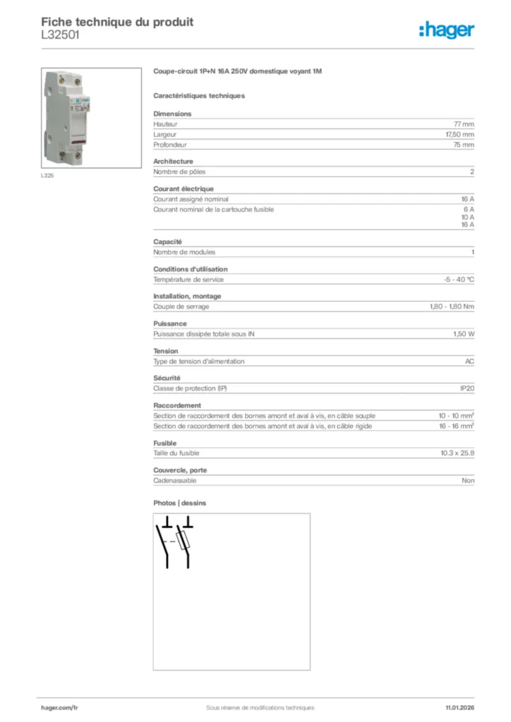 Image Hager Fiche technique du produit L32501 | Hager France